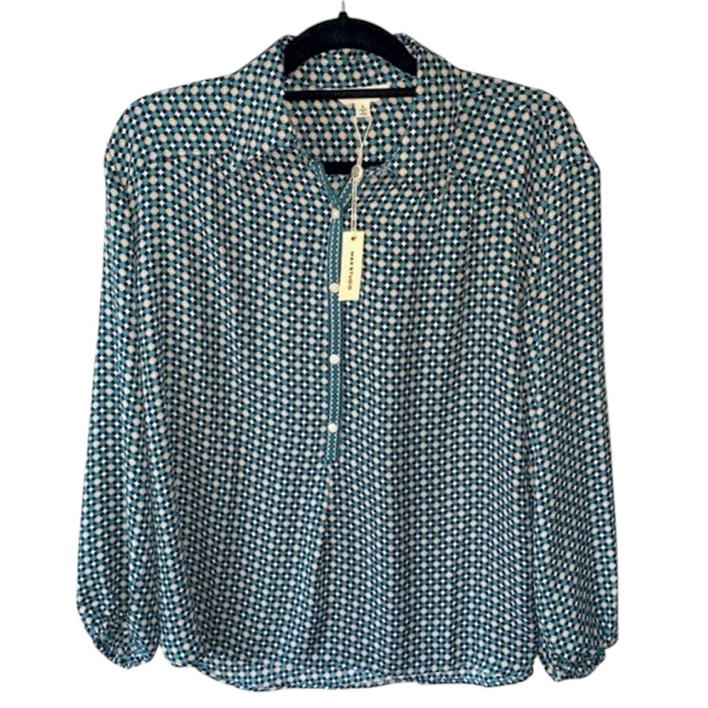 MAX STUDIO Blouse Loose fit Gorgeous Teal Tan Geometric Pullover Size S New